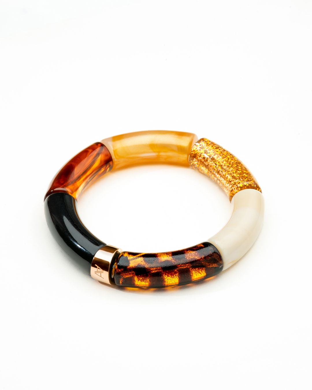 Packshot Bracciale Bagliori d’autunno Nero, ambra, glitter, beige crema e leopardo Cerreto