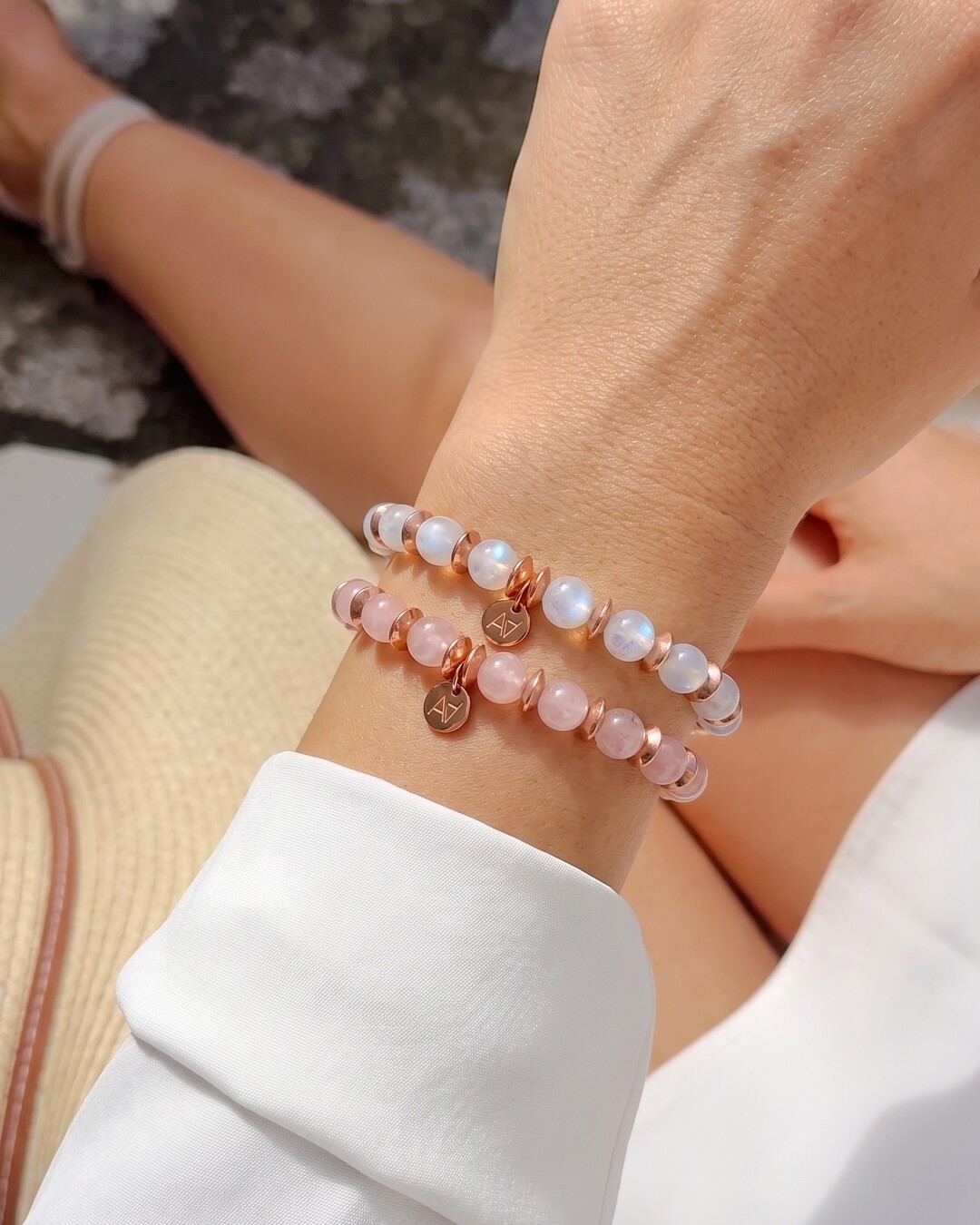 Bracciale Quarzo Rosa e Pietra di luna Duo Tenerezza Celeste